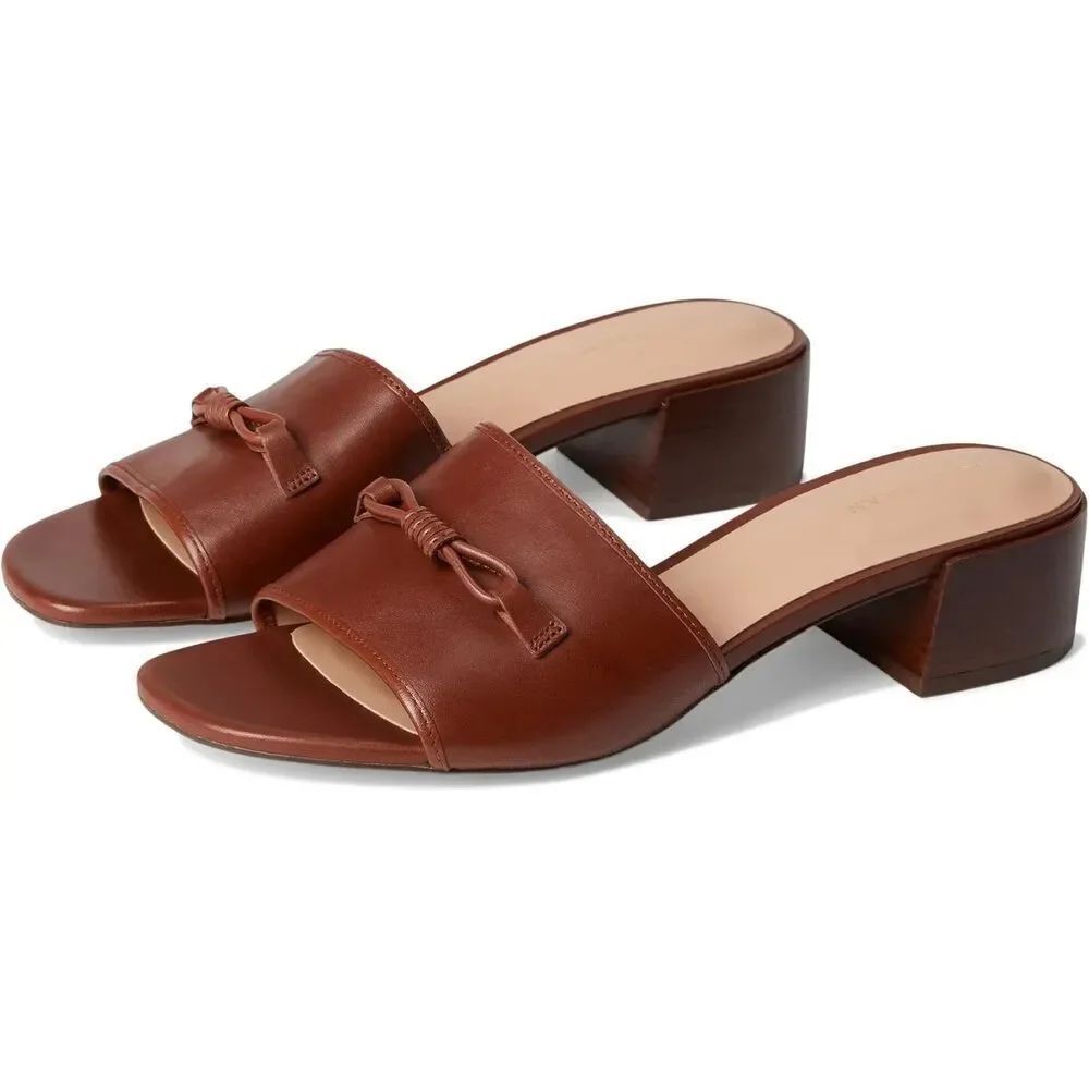 Cole Haan Women's Cailyn Bow Leather Mule Slide Sandals Dark Cuoio Leather 9.5